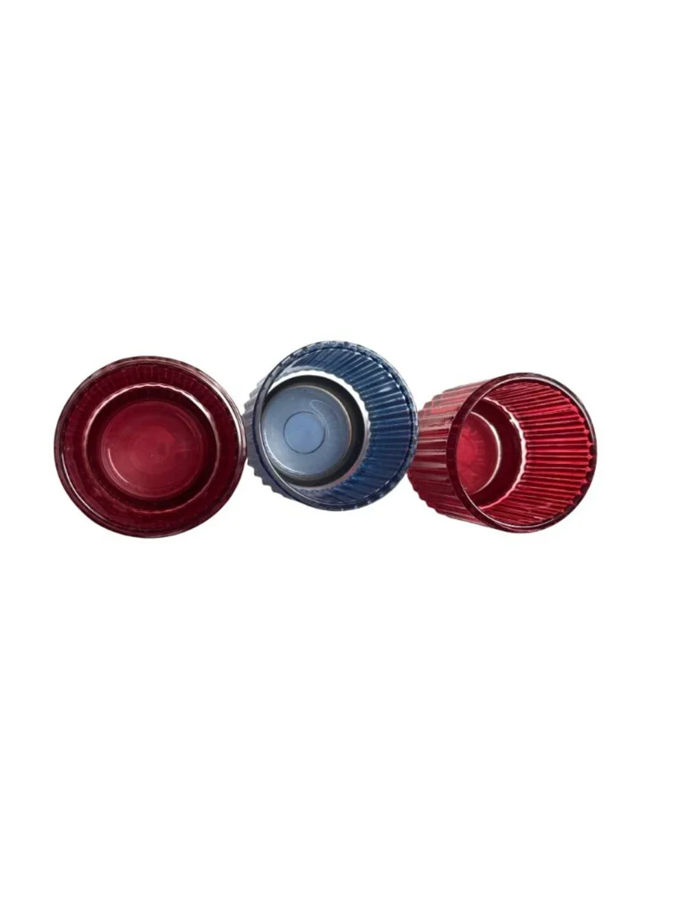 Set Of 3 Ribbed Glass Candle Holders With Gold Bases In Red & Blue